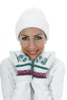 beautiful woman in white sweater on insulated background