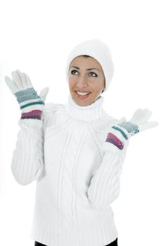 beautiful woman in white sweater on insulated background