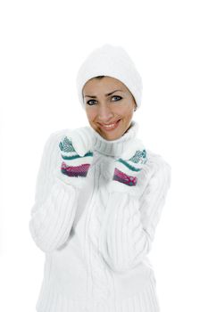 beautiful woman in white sweater on insulated background