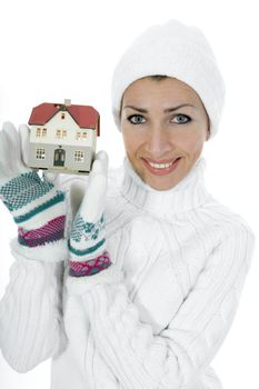 Business woman advertises real estate on isolated background
