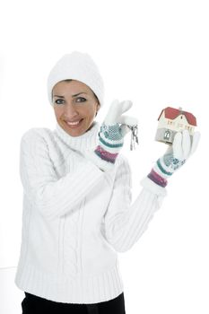 Business woman advertises real estate on isolated background