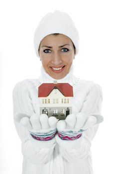 Business woman advertises real estate on isolated background