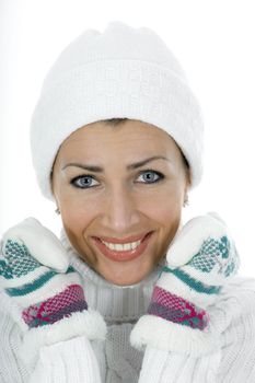 beautiful woman in white sweater on insulated background