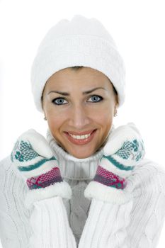 beautiful woman in white sweater on insulated background