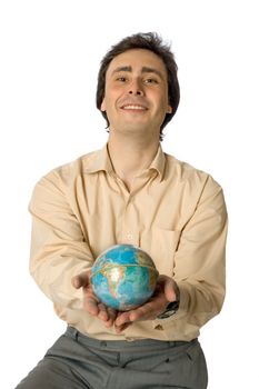 An isolated photo of a smiling man with a globe