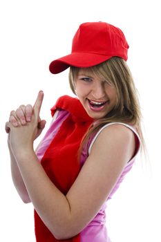 Beautiful  young woman in red cap on isolated background