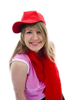 Beautiful  young woman in red cap on isolated background