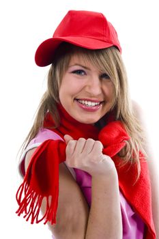 Beautiful  young woman in red cap on isolated background