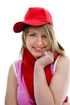 Beautiful  young woman in red cap on isolated background