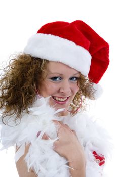 Attractive woman in Santa Cap on isolated background
