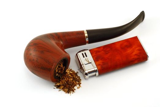 The tobacco-pipe and lighter are photographed close up on a white background