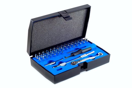 The tool kit with an open cover is photographed on a white background
