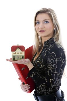 Business woman advertises real estate on isolated background