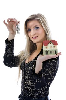 Business woman advertises real estate on isolated background