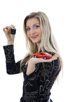 Business woman advertises selling the cars on isolated background