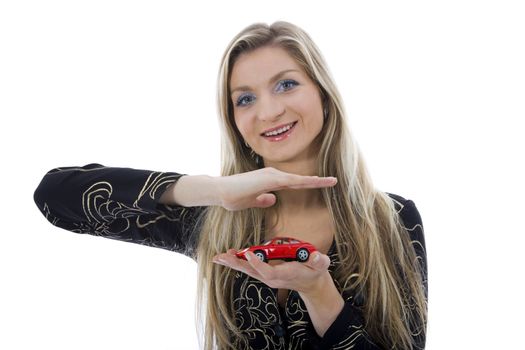 Business woman advertises selling the cars on isolated background