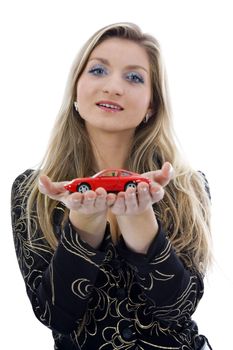 Business woman advertises selling the cars on isolated background