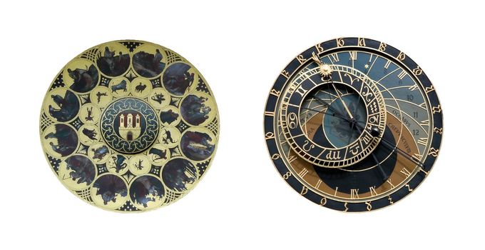 Both faces of astronomical clock in Prague. The left one is zodiac and the right is astronomical clock. It is a land mark and a symbol of Czech republic.