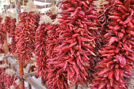 Strings of red chili's hanging in store