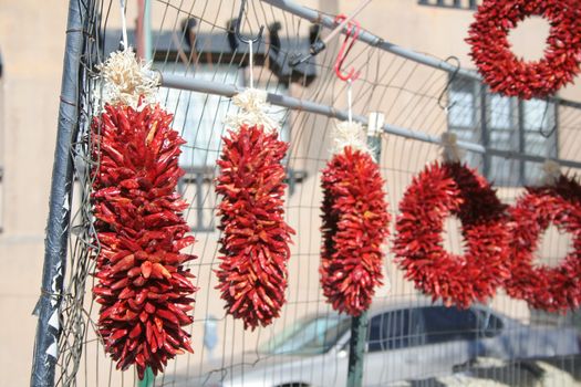 Strings of red chili's in circle shape in Santa Fe New Mexico