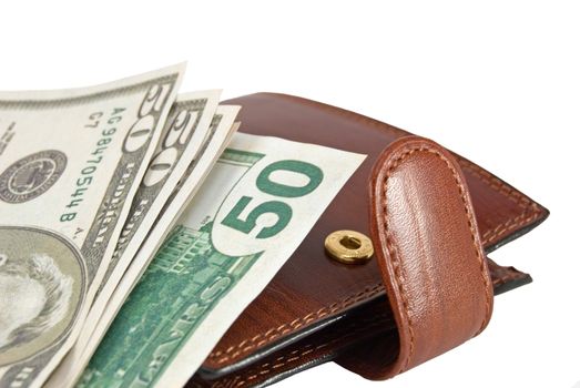 Brown leather wallet and fifty dollars denominations
