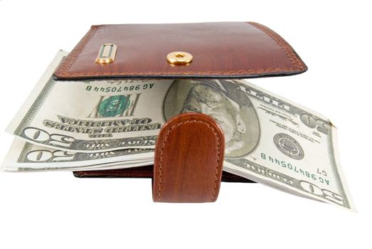 Brown leather wallet and fifty dollars denominations