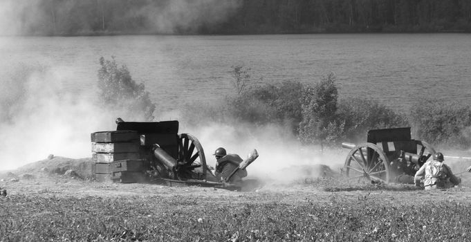 World War 1, reenacting. Russian soldiers with guns