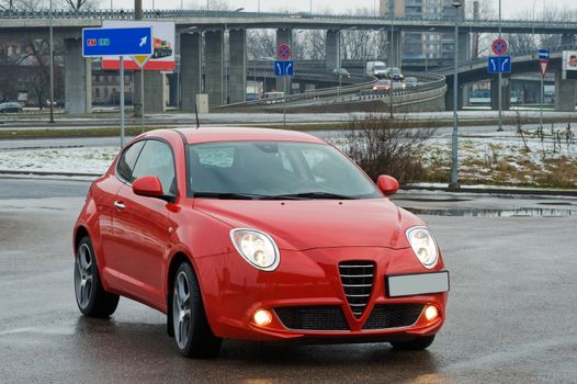 Car moving in the city, near the bridge, Riga, Latvia