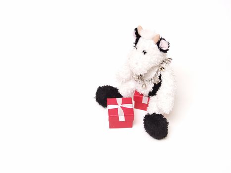 A stuffed holstein cow sits on one red gift box, with another in front. Isolated on white background.