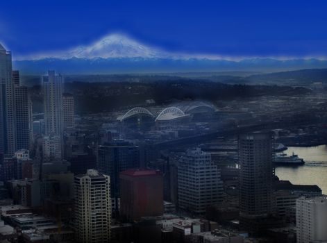 Seattle Skyline with Mt. Rainier is an aerial view of Downtown Seattle with Mt. Rainier in the Background set against a blue sky. Both the Football and baseball staduims are visible in the unique perspective view.