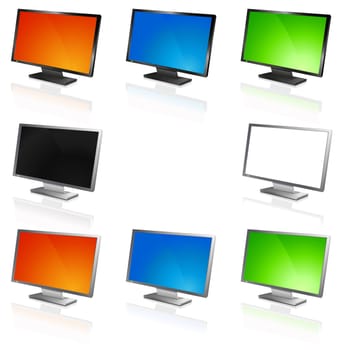 Set of wide computer flat screens