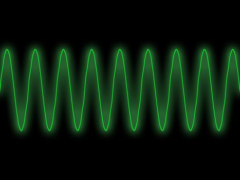 Straightforward illustration of green sine wave with glow effect against darl background copyspace