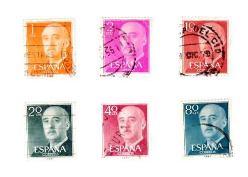 Vintage postage stamps collection. Spanish mail. Post stamps with portraits.