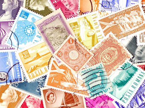 Diverse and colorful postage stamps from various European and Asian countries. Old collection.