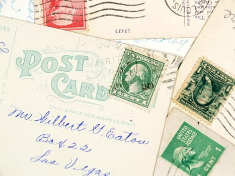 Used postcards. Old, antique correspondence cards. Mail related objects.