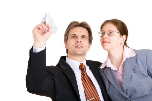 business man and woman with paper airplane in hands