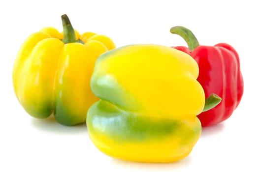 Three peppers (paprika) - red and yellow-green vegetables on overwhite background.