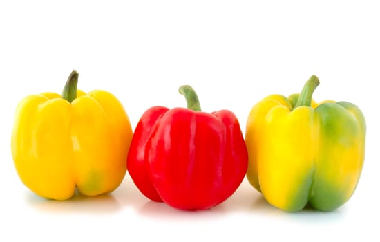 Three peppers (paprika) - red and yellow-green vegetables on overwhite background.