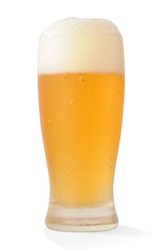 Cold beer glass on white background with path