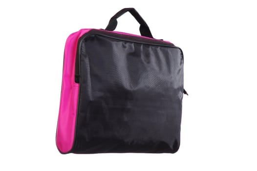 cloth black brief-case with a raspberry insertion on a white background