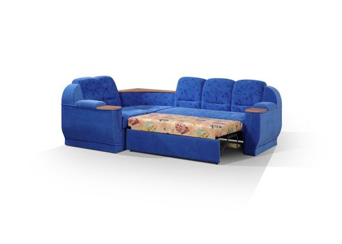 angular sofa of dark blue color, decomposed in a bed