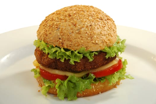 burger with beef, cheese, tomato and lettuce
