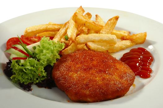 friture potatos, cutlet, tomamo, cucumber, salad and sauce on white plate