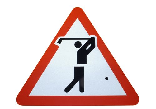 A warning sign showing golfers (or a golf course) ahead. Isolated on white, and a clipping path included.