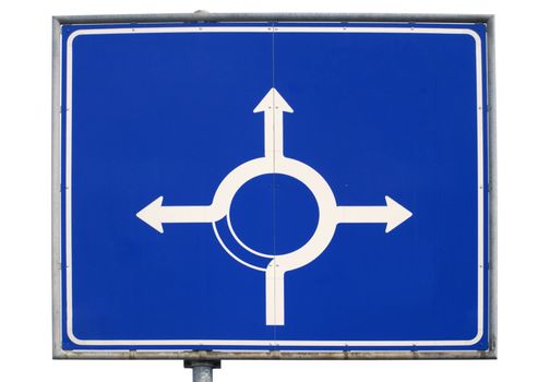 A four-way roundabout sign, isolated on white. Clipping path included.