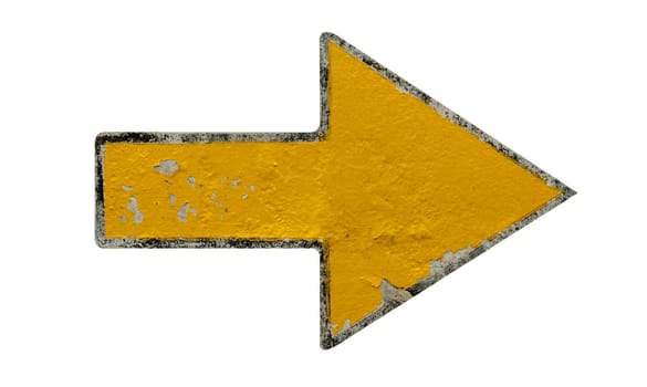 A slightly grungy yellow arrow, originally painted on concrete, now isolated on white. Chipped and peeling. Clipping path included.