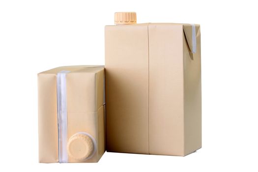 Two cardboard containers for juice or milk with plastic covers.