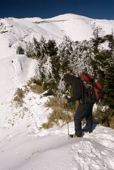 Mountain climber on snow peak with backpack and trekking pole.