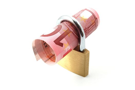 padlock with money isolated on a white background