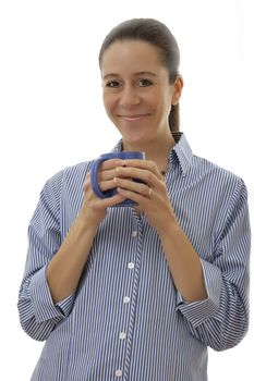 Single attractive businesswoman with cup of coffee and smiling on a white background